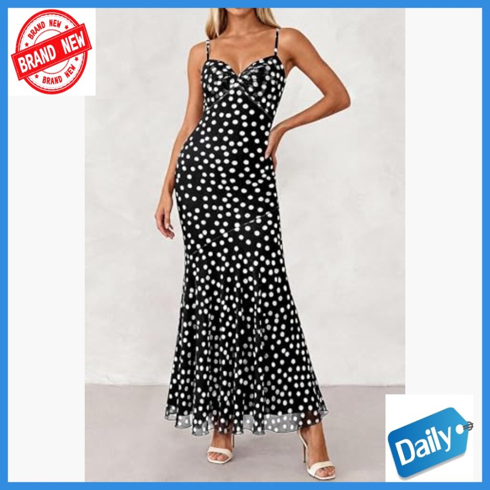 Maxi Dress with Spaghetti Straps Twist Knot Front Mermaid Hem Summer Casual - Picture 3 of 7